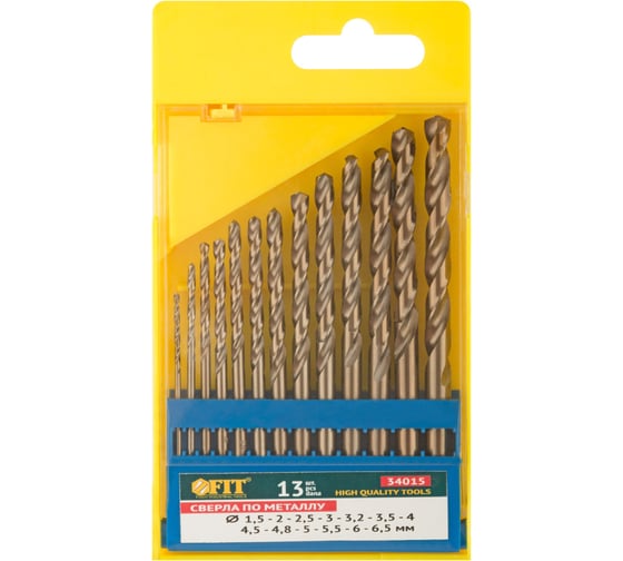 Набор сверл по металлу 13 шт, 1.5-6.5 мм, HSS с добавкой кобальта 5%, DIN 338 FIT 34015