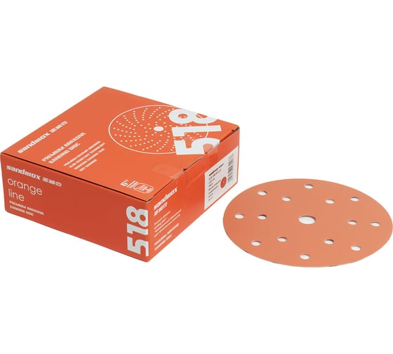 Диск шлифовальный на бумажной основе 518 Orange Ceramic 50 шт, 150 мм, Р180, 15 отверстий SANDWOX 518.150.180.15