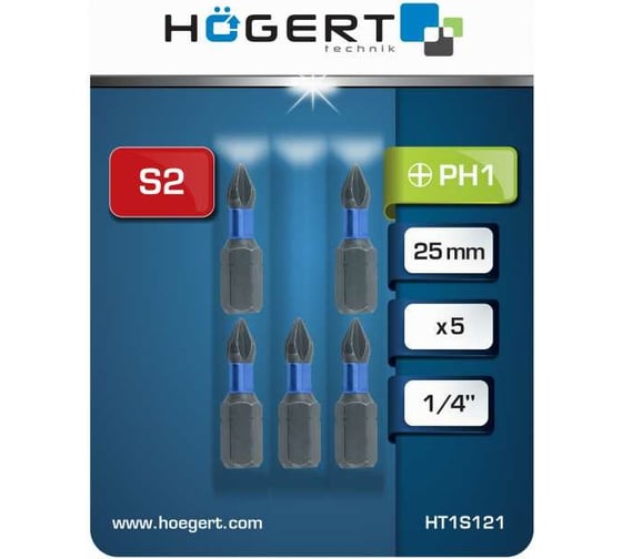 Биты ударные PH1, 25 мм, сталь S2, 5 шт HOEGERT TECHNIK HT1S121