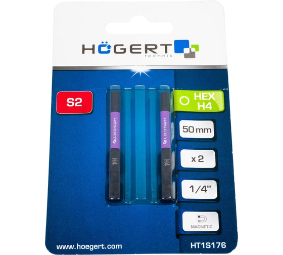 Биты ударные HEX 4, 50 мм, сталь S2, 2 шт HOEGERT TECHNIK HT1S176