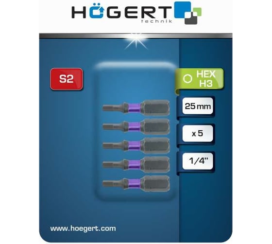 Биты ударные HEX 3, 25 мм, сталь S2, 5 шт HOEGERT TECHNIK HT1S145