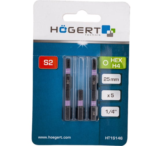 Биты ударные HEX 4, 25 мм, сталь S2, 5 шт HOEGERT TECHNIK HT1S146 1