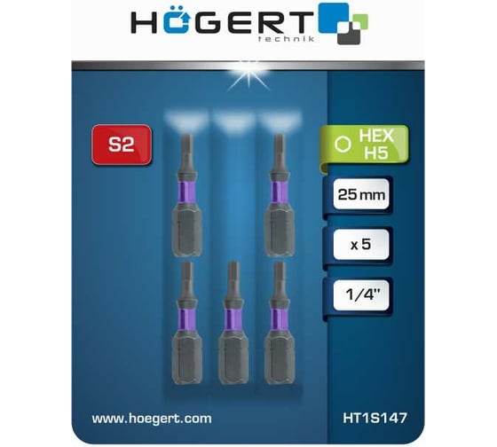 Биты ударные HEX 5, 25 мм, сталь S2, 5 шт HOEGERT TECHNIK HT1S147