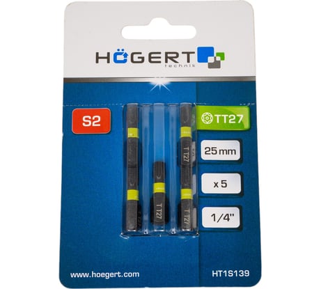 Биты ударные TORX 27, 25 мм, сталь S2, 5 шт HOEGERT TECHNIK HT1S139