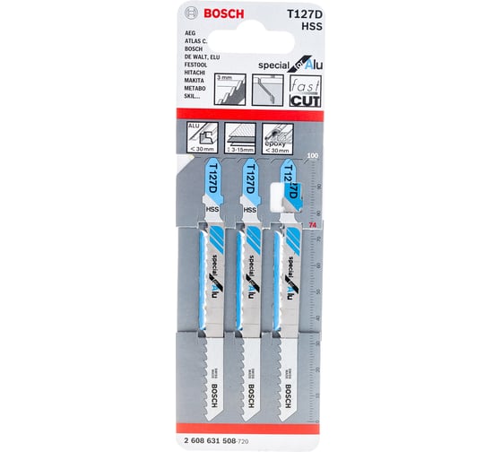 Пилки для лобзиков по металлу T127D HSS (74 мм) 3 шт. BOSCH 2608631508 1