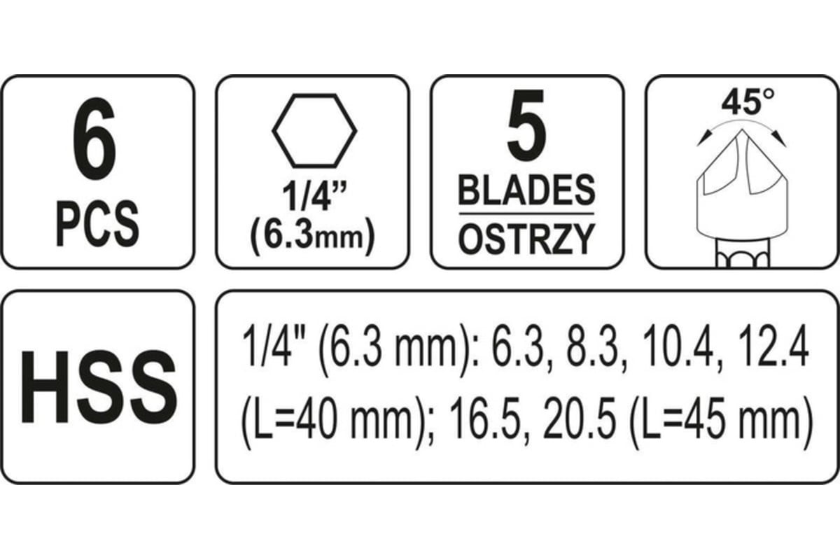 конусных зенкеров 6 предметов, 6 мм, HEX YATO YT-44729 - выгодная .