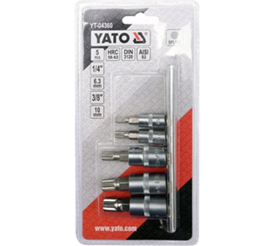 Набор головок-бит SPLINE 1/4" М5, М6 3/8" М8, М10, М12 5 предметов на металлической планке YATO YT-04360