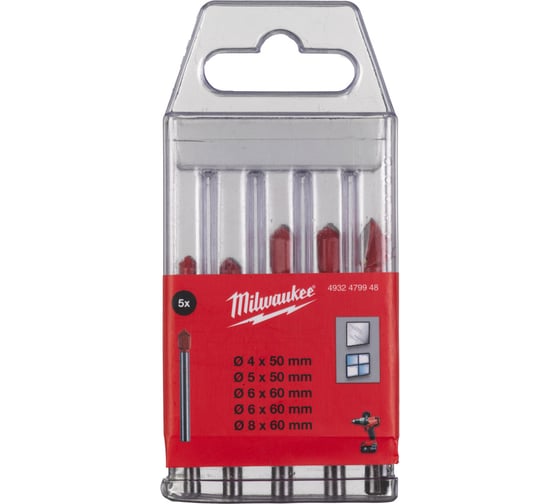 Набор сверл по стеклу и плитке GENII (5 шт; 4x50 мм; 5x50 мм; 6x60 мм; 8x60) Milwaukee 4932479948 1