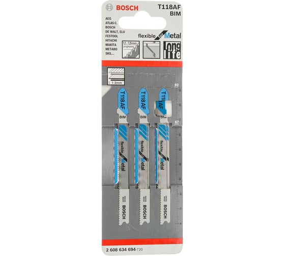 Пилки T118AF для лобзика 3 шт. (67 мм; хвостовик с 1 упором; BIM) BOSCH 2.608.634.694