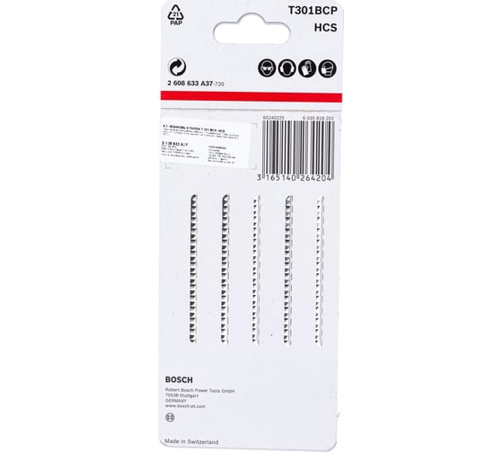 Пилки T301ВСР для лобзика по дереву 5 шт. (91 мм; HCS) BOSCH 2.608.633.A37