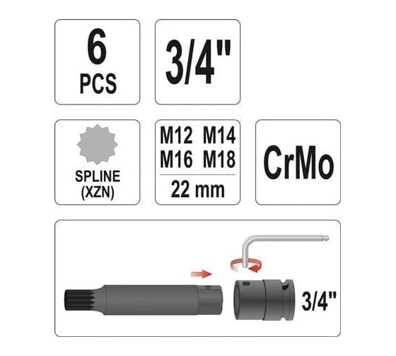 Набор ударных бит SPLINE 3/4" YATO YT-1157