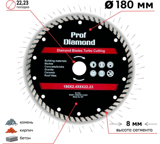 Диск алмазный турбо Prof Diamond TGS 180x2.4x8х22.2 мм TORGWIN S30325