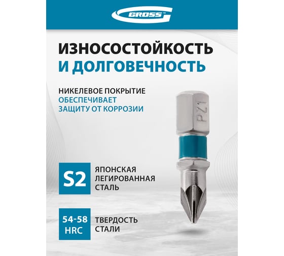 Набор бит (сталь S2; PZ 1х25 мм; 10 шт.) GROSS 11339