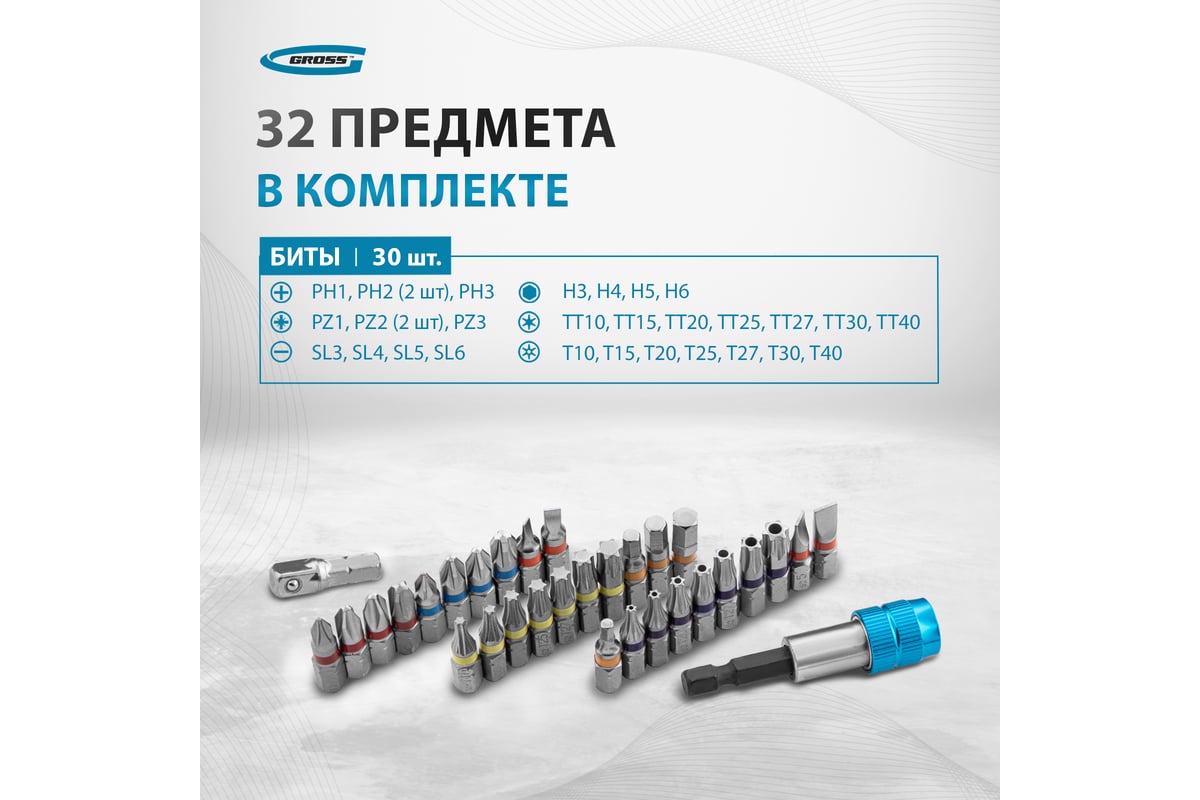 Набор бит и магнитный адаптер (32 предмета) GROSS 11363 - выгодная цена,  отзывы, характеристики, 2 видео, фото - купить в Москве и РФ