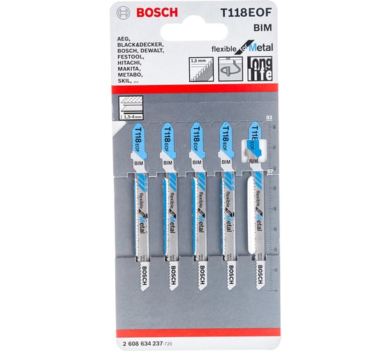 Пилки для лобзика по металлу (57 мм; 5шт.) Т118EOF Bosch 2.608.634.237