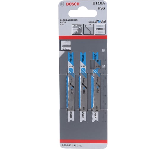 Пилки для лобзика по металлу (62 мм; 3 шт.) U 118A Bosch 2608631511