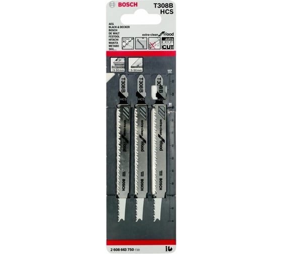 Пилки для лобзика по дереву (91 мм; 3 шт.) Т308В Bosch 2608663750