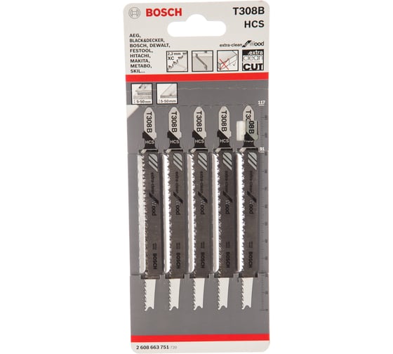 Пилки для лобзика по дереву 5 шт, Т308В, HCS Bosch 2608663751 1