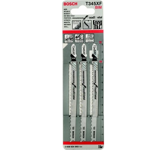 Пилки для лобзика универсальные (106 мм; 3 шт.) Т345XF PROGR Bosch 2608634993