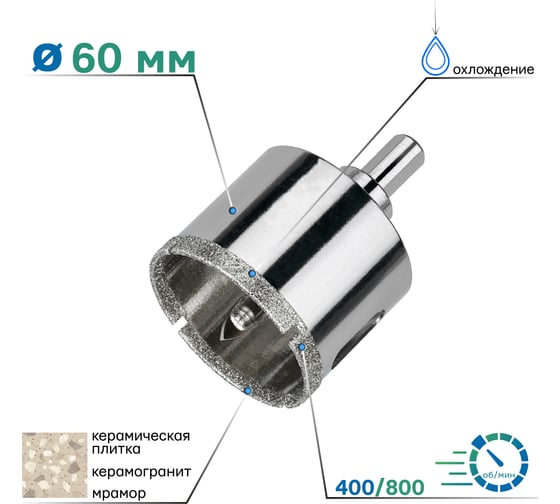 Коронка алмазная по керамограниту с центрирующим сверлом 60 мм TORGWIN S13654