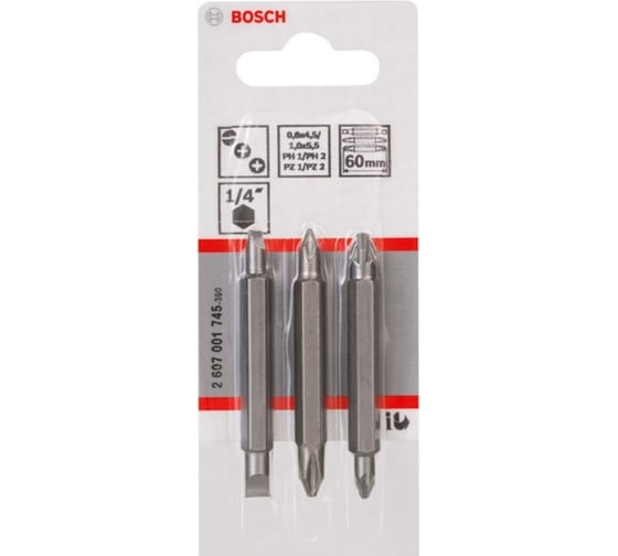 Набор бит двусторонних (60 мм; 3 шт) LS/Ph1/2/Pz1/2 XH Bosch 2607001745 1