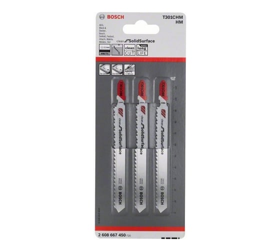 Пилки CleanSolidSurface (117 мм; тип T301CHM; 3 шт.) для лобзика Bosch 2608667450
