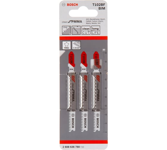Пилки CleanPMMA (92 мм; тип T102BF; 3 шт.) для лобзика Bosch 2608636780