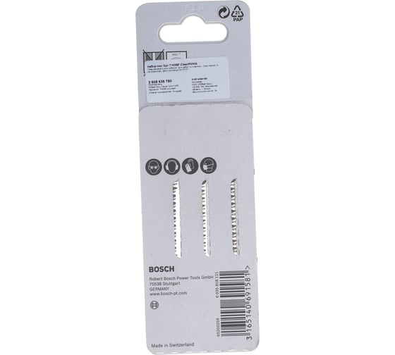 Пилки CleanPMMA (92 мм; тип T102BF; 3 шт.) для лобзика Bosch 2608636780