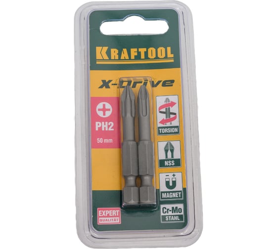 Биты торсионные кованые X-Drive PH2, 50мм, 2шт KRAFTOOL 26121-2-50-2