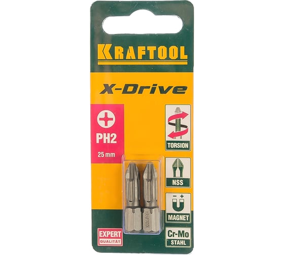 Торсионные кованые биты KRAFTOOL X-Drive PH2 25 мм 2 шт. 26121-2-25-2 1