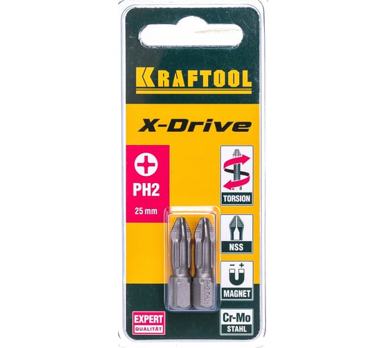Торсионные кованые биты KRAFTOOL X-Drive PH2 25 мм 2 шт. 26121-2-25-2