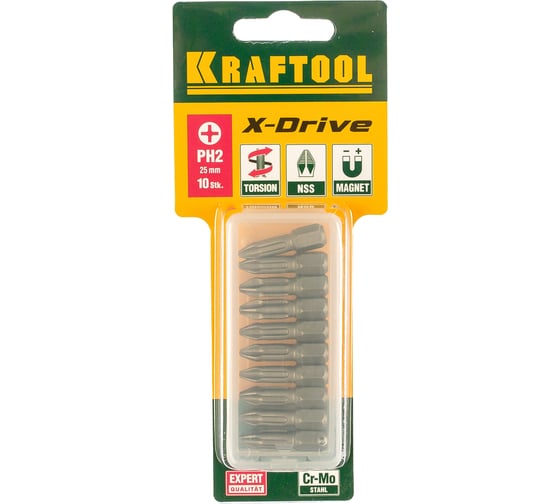 Биты "EXPERT" (C 1/4"; PH 2; 25 мм; 10 шт.) KRAFTOOL 26121-2-25-10