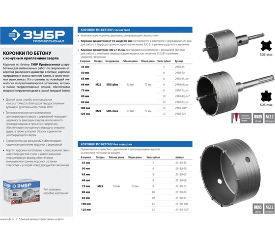 Коронка с державкой по бетону ЗУБР Профессионал 68 мм, SDS-Plus 2918-68_z01