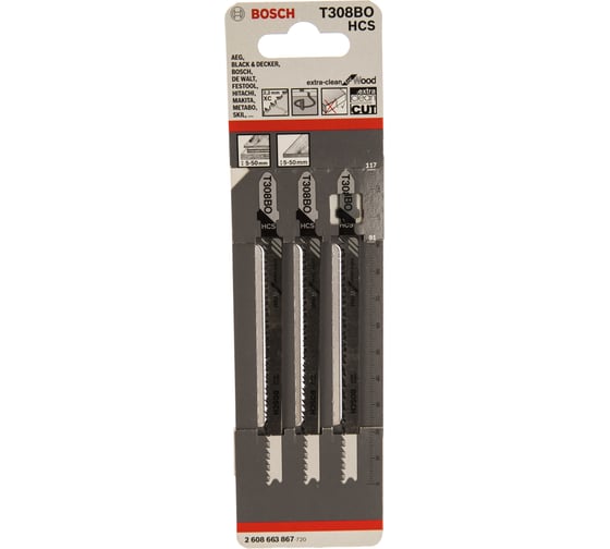 Полотна пильные Т 308 BO Extraclean for Wood для лобзика 3 шт. (117 мм; HCS) Bosch 2608663867