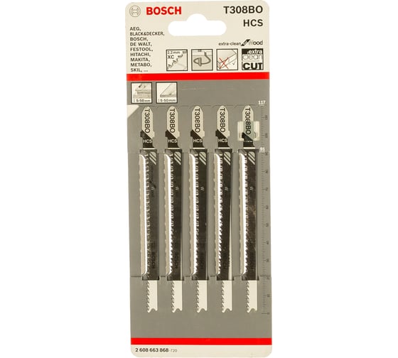 Полотна пильные Т 308 BO Extraclean for Wood для лобзика 5 шт. (117 мм; HCS) Bosch 2608663868