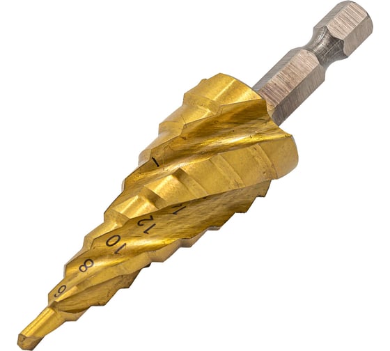 Сверло ступенчатое спиральное Rockforce TIN HSS M2, в блистере RF-44744S(49324)