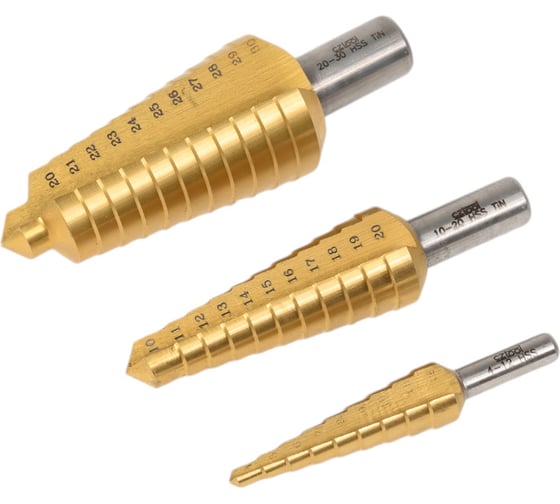 Набор из ступенчатых сверл 4-12 мм/10-20 мм/6-30 мм, HSSE TiN, 3 шт Bucovice Tools 646804