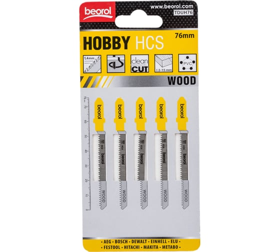 Пилки "hobby" по дереву 5 шт, 76 мм для лобзика BEOROL 245305 1