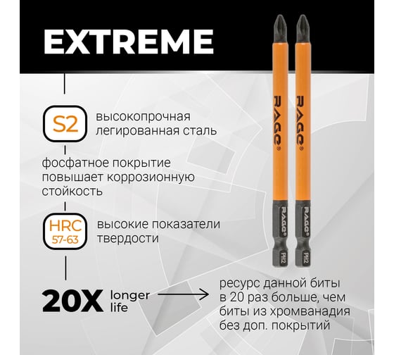 Биты магнитные PH2, 100 мм, 2 шт, s2 rage by VIRA 554136