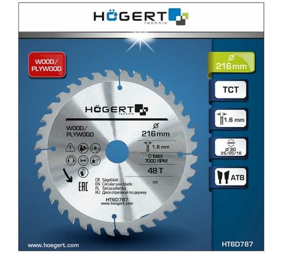 Диск пильный по дереву 216x30 мм, 48Т, mn65 HOEGERT TECHNIK HT6D787