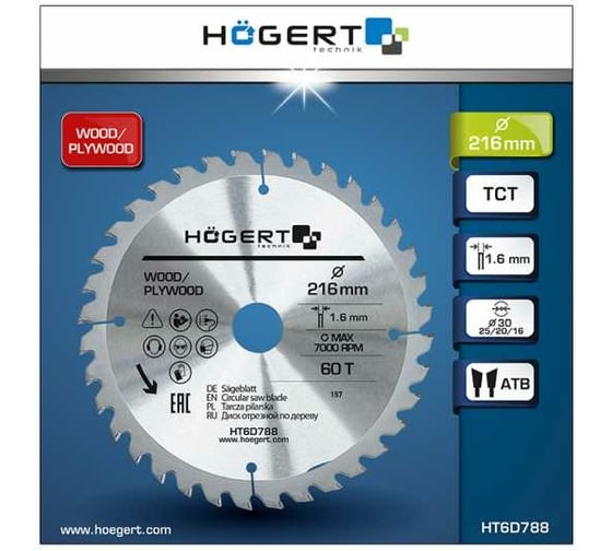 Диск пильный по дереву 216x30 мм, 60Т, mn65 HOEGERT TECHNIK HT6D788