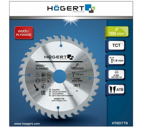 Диск пильный по дереву 185x30 мм, 36Т HOEGERT TECHNIK HT6D779