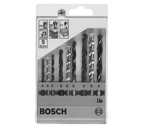 Набор универсальный сверл по металлу, камню, дереву 9 шт. (D 4,6,8 мм) Bosch 2.607.018.368 1