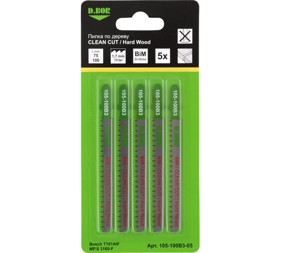 Пилки по дереву 75/100 мм, 1.7 мм, BIM, CLEAN CUT, Hard Wood, 5 шт D.BOR D-105-100B3-05