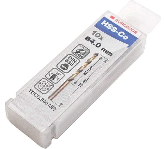 Сверла по металлу 10 шт, HSS-CO, 4х43х75 мм EUROBOOR TDCO.040 (3F)