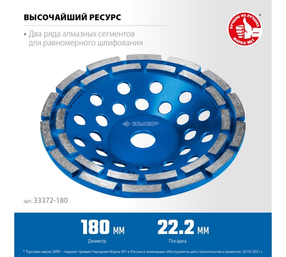 Двухрядная алмазная чашка ЗУБР Профессионал 180 мм 33372-180_z01