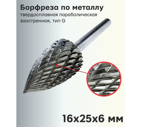 Бор-фреза твердосплавная по металлу параболическая заостренная, тип G 16x25x6 мм TORGWIN T527121