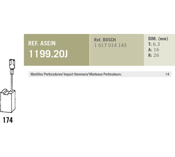 Комплект графитовых щеток 2 шт аналог BOSCH OEM 1617014143/AS Asein 1199.20J