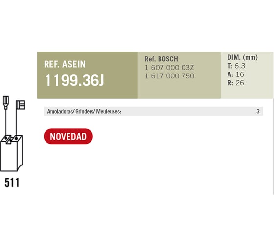 Комплект графитовых щеток 2 шт аналог BOSCH OEM 1607000C3Z/AS Asein 1199.36J