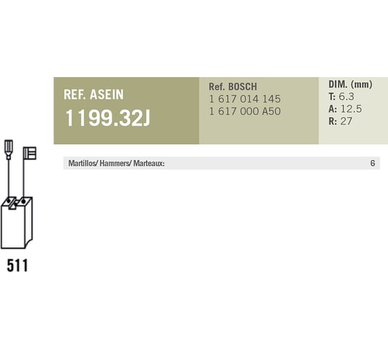 Комплект графитовых щеток 2 шт аналог BOSCH OEM 1617014145/AS Asein 1199.32J